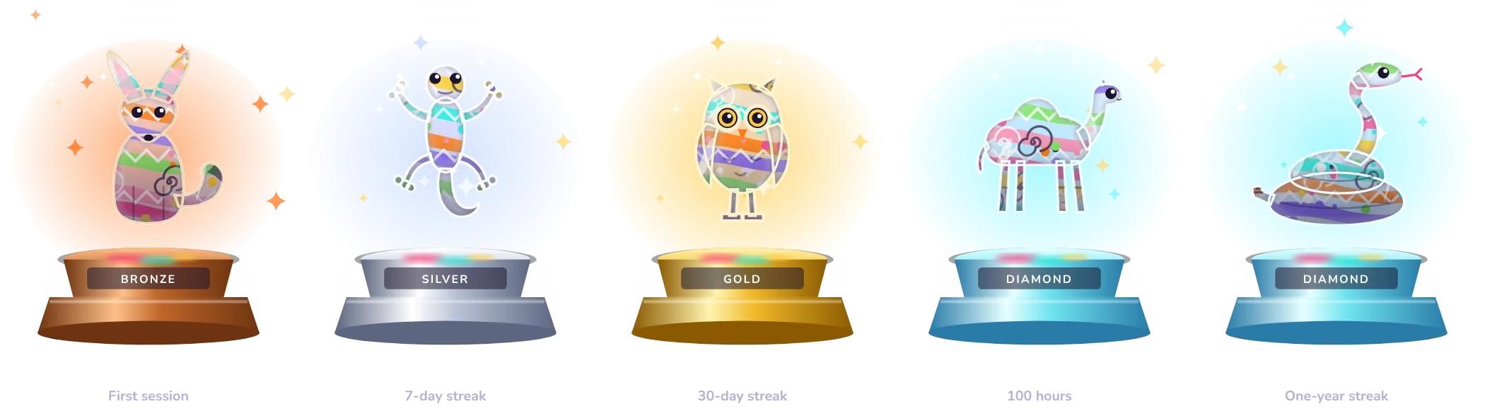 Dunna trophies: painted glass fennec fox, gecko, owl, camel and snake