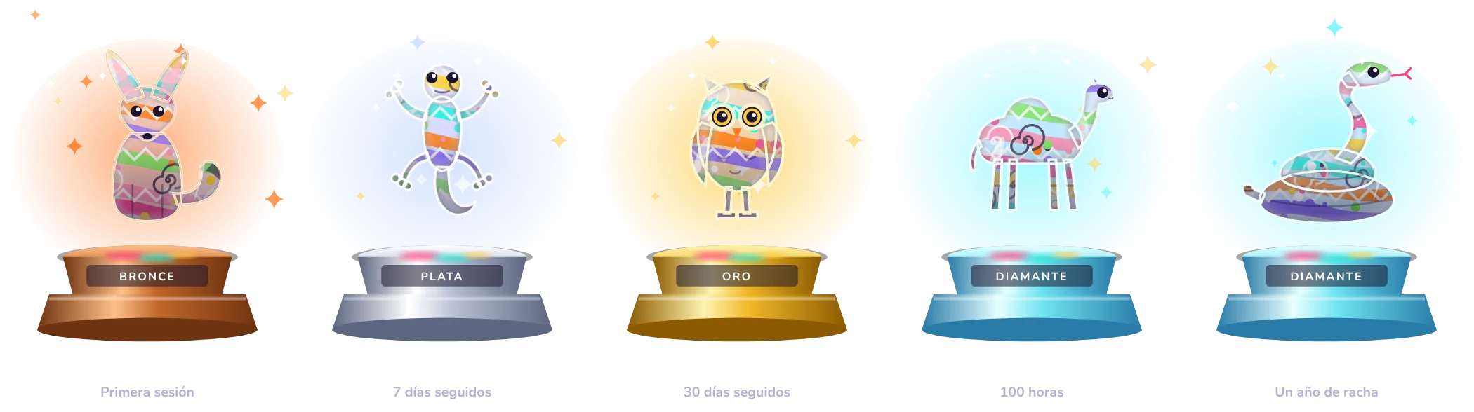 Trofeos de Dunna: zorro fénec, geco, búho, camello y serpiente de cristal pintado